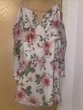 Guess White Long-Sleeve Floral Dress with Pink and Green Print